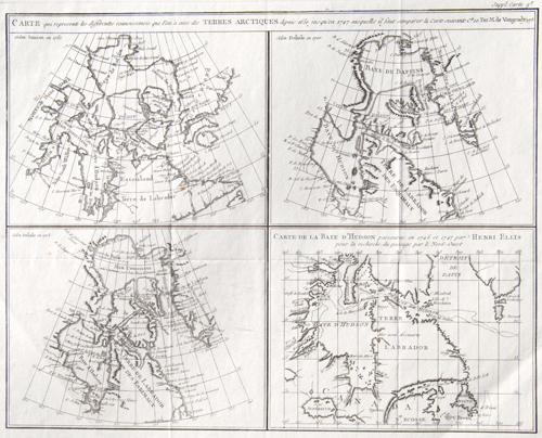 Carte qui répresente les différentes connoissances que l'on a eues des terres Arctiques depuis 1650 jusqu'en 1747 ausquelles il faut comparer la Carte suivante. Par M. De Vaugondy 1773